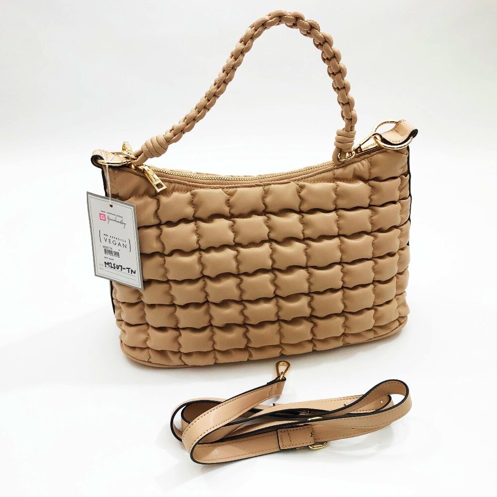 Jen & Co. Jacqueline Quilted Satchel Shoulder Bag Tan 14x9.5x5 inches